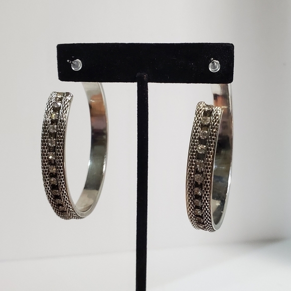 Silvertone large mesh and rhinestones inlay hoop bangle earrings 2" - Picture 6 of 10